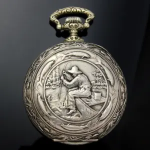 Velké kapesní hodinky DOXA - rybářské téma, kolem 1905