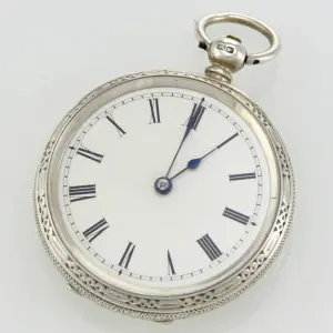 Stříbrné kapesní hodinky s květinovým dekorem, Powell & Jones, Shrewsbury, Anglie, 2. polovina 19. století